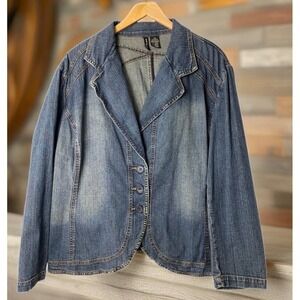 MIXIT Woman Denim Blazer Jacket Blue Wash Button Front Stretch Plus Size 22W